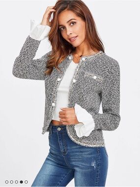 SHEIN Black & White Tweed Pearl-Button Cropped Blazer